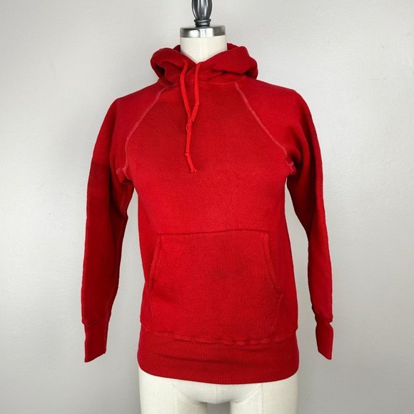 Vintage 1960s/70s Red Blank Hooded Sweatshirt, XS, Underarm Gussets, Distressed